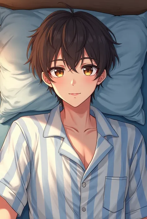 A semirealistic anime-style boy who is 18 years old,  brown hair , light brown eyes and that your skin is white, That you are lying on a bed in your room wearing white and light blue striped pajamas.