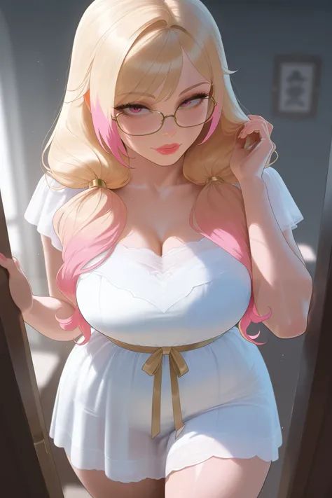 there is a woman in a frilly white dress, seductive anime girl, glasses, realistic shaded perfect body, seductive. highly detailed, thighs close up, [ 4 k digital art ]!!, blonde and pink hair, blonde hair with bright pink highlights, pink highlights in ha...