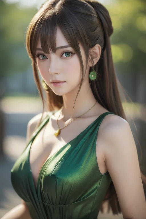  close-up of a woman in a green dress and necklace,  Gwyse Style Painting ,  Realistic Anime 3D Style , BEAUTIFUL ANIME STYLE PORTRAIT ,  ANIME REALISM STYLE ,  detailed portrait of an anime girl, Beautiful Portraits, Stunning Anime Face Portraits ,  reali...