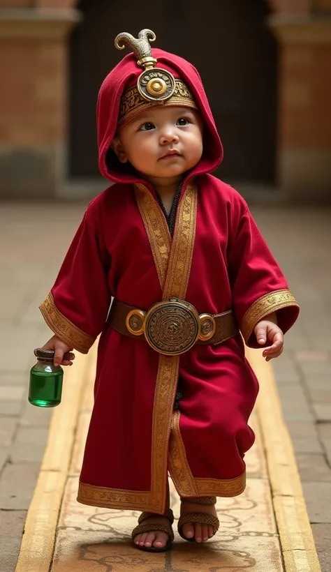 a baby dressed as a young alchemist, wearing a red robe with gold trim, inspired by the ancient alchemist Egypitian study of alchemy. With a headdress featuring a small serpent motif and belt adorned with symbols of transformation. The baby holds a small f...