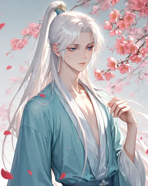 solo, long hair, long sleeves, 1boy, parted bangs,closed mouth,bishounen,skinny,lips,portrait,blue eyes, upper body, white hair, male focus, flower, petals, chinese clothes, high ponytail, hanfu, wide sleeves,