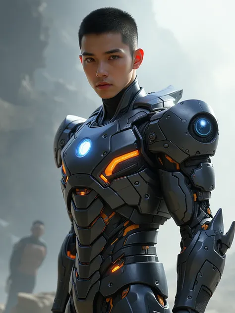 A young handsome asian guy. Slim body, buzzcut black hair. Wearing combination between ironman and doctor octopus suit.