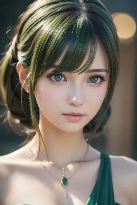  close-up of a woman in a green dress and necklace, ,  Realistic Anime 3D Style , BEAUTIFUL ANIME STYLE PORTRAIT ,  ANIME REALISM STYLE ,  detailed portrait of an anime girl, Beautiful Portraits, Stunning Anime Face Portraits ,  realistic anime art style, ...