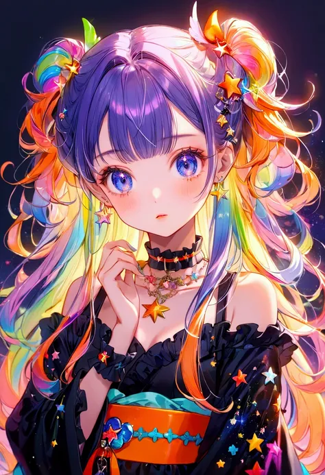  best detail、  1 girl，，Blink， （  the hair color is milky white and the tips of the fur are blue）、  The Cutest Girl in the World  ，（orange neon color star choker、Ruffles on the collar、Please wear a colorful and cute goth kimono costume  ,Shoulders are expos...