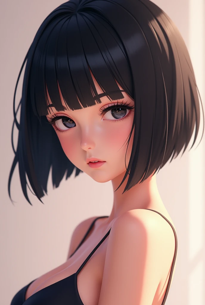 Black hair down front short bob butt bangs smooth straight cute 3D anime style upper body tsundere girl sexy alone 