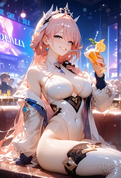 Anime Girl Beauty, pink hair, ideal anatomy, sitting in a nightclub, on a date with me, having fun, drinking, drunk, feeling horny, light falls on her beautiful face, In a futuristic setting, Full Detailing, masterpiece, , score_9, score_8_up, score_7_up, ...