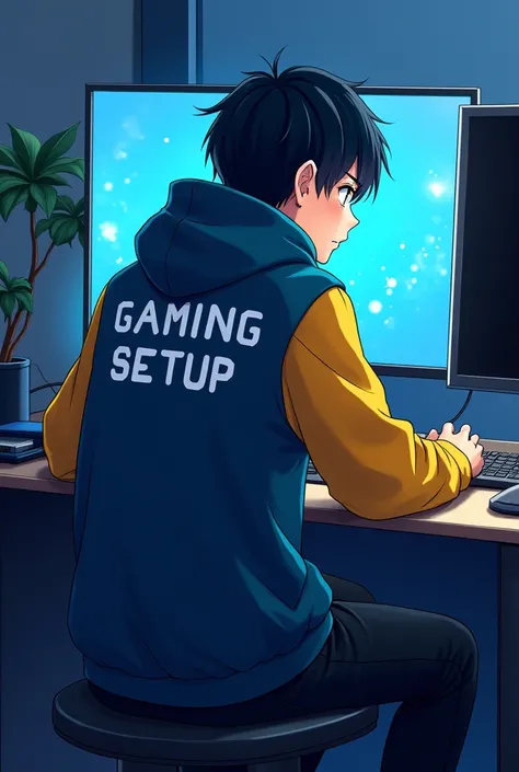 create a image of 'a 18 years anime boy sitinf in his computer desk wearing blue and yellow hoodie and write there 'gaming setup' and the background will be with blue,yelow and black colour and the ratio will be 16;9.