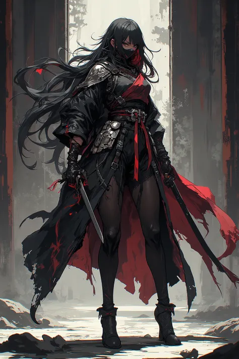  white-skinned ninja girl ,  long black hair with fringe , She wears a mask ,  short black thigh-length stockings and dark clothes with red parts,  oriental style shorts with tail covers, full body, chica alta, Oriental ninja assassin 