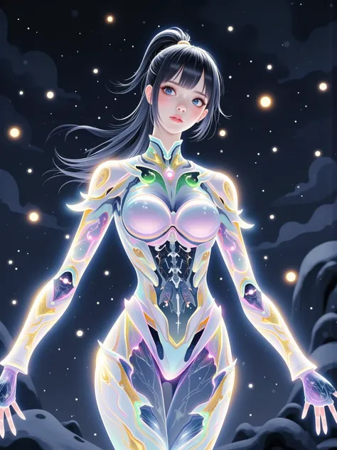 artistic conception，White Space，Rock Color，Gold Leaf， color particles , color curve ，Chen Jialing,Dark Night Glow,Neon colors ，((Best Quality)), ((masterpiece)), ( Details:1.4), (((Cybersuit with Machine Parts and Clear Skin Iridescent Aurora Material Grey...