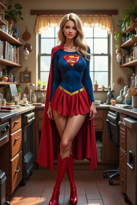 WEARING A CLASSIC SUPERGIRL COSTUME AND CAPE AS HER BOOBS SWELL AND INFLATE, MASSIVE OVERSIZED BOOBS STRAINING THE FABRIC OF HER SUPERGIRL COSTUME. a brilliant but socially awkward young BLONDE NERD who, while working late in her cluttered university lab, ...