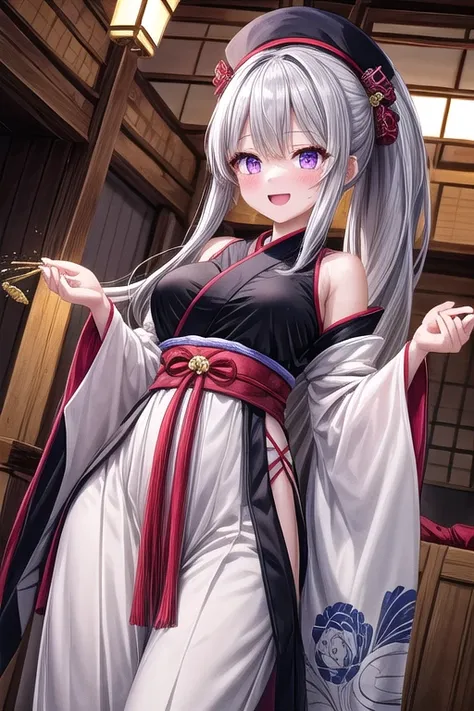  1 woman、 big breasts、Woman with long silver hair, ponytail, and sharp purple eyes。They are wearing traditional costumes from the Heian period and are wearing white six-part length pants with wide hems and hands hidden、 with an elaborate pattern 。Wear a lo...