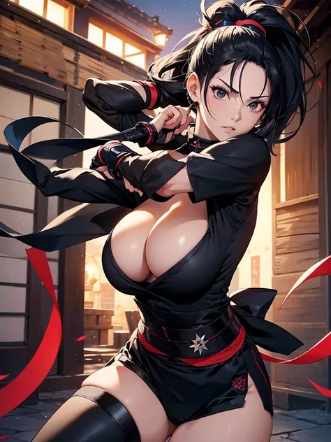 Female Ninja、 Kunoichi、 Edo period、 big breasts、 Slim waist、Night in the city、 ponytail、 black eyes、 Black Hair Shortcuts、He's throwing a shuriken at me
