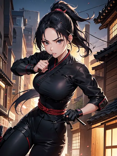 Female Ninja、 Kunoichi、 Edo period、 big breasts、 Slim waist、Night in the city、Aiming at enemies with blowguns from the roof、 ponytail、 black eyes、 Black Hair Shortcuts
