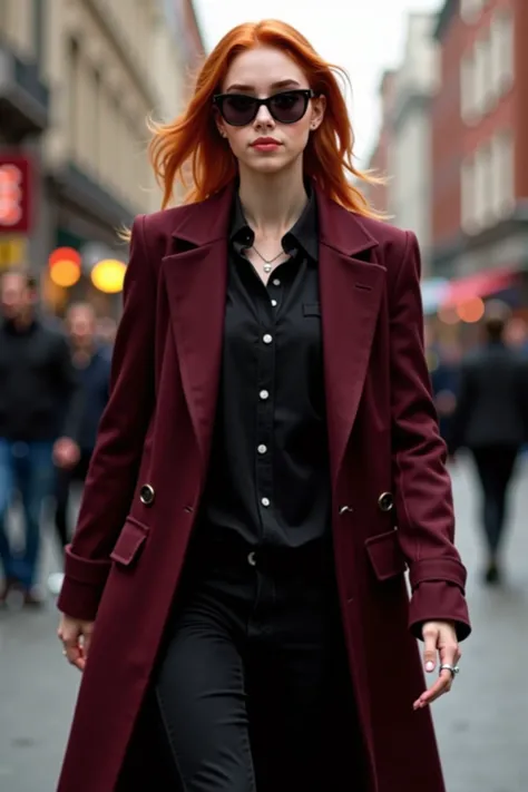 Stunning photo of a redhead model. She is wearing a maroon overcoat, black button-up, black pants, and trendy sunglasses. She is confidently walking down a busy street. High quality, hyperrealistic, 8k, correct anatomy, photo-realistic, masterpiece