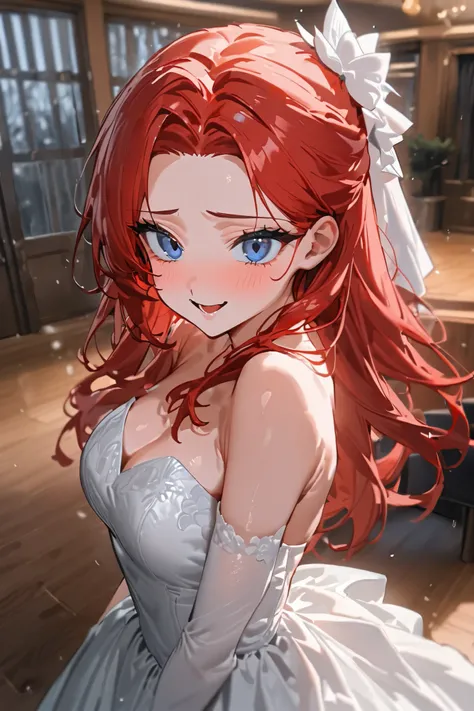  best quality,  super high resolution, 1 woman, ( cute:1.4),  blue eyes, black eyes, Red hair,  can see the forehead, Long hair, Gentle Snow , 20 years old,  happy expression , Wedding Hall, bitch,  cute눈, One side of the hair falls behind the ear,  FULL B...