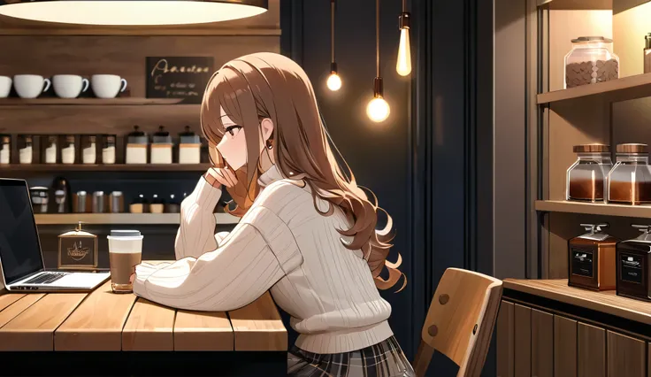 A cozy and stylish café with an industrial yet warm design, featuring wooden furniture, exposed pipes, and warm lighting. A young woman with long, wavy hair sits at a wooden table, seen from behind or in a side view, sipping coffee while enjoying a peacefu...