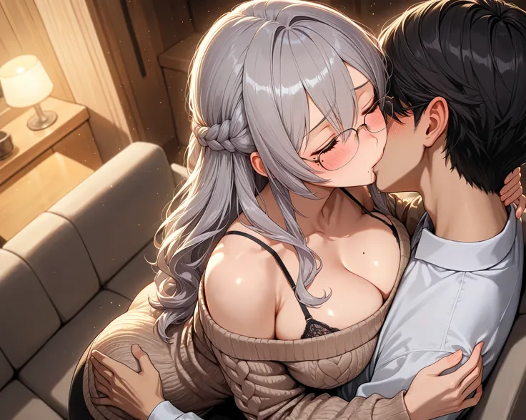 from side, Husband and wife, lovely kiss, hug, portrait, from above, mature female, medium large breasts, round breasts, closed eyes, salivate, frameless glasses, grey hair, long hair, braid, hair between eyes, head tilt, Mole under the mouth, long sleeves...