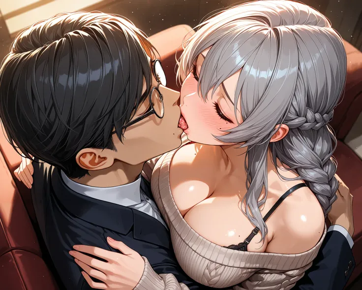 from side, Husband and wife, french kiss, hug, portrait, from above, mature female, medium large breasts, round breasts, closed eyes, salivate, frameless glasses, grey hair, long hair, braid, hair between eyes, head tilt, Mole under the mouth, long sleeves...