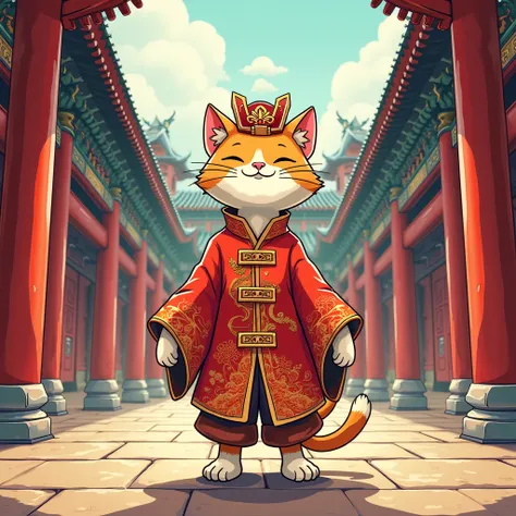 Presented in comic style, with the Chinese palace as the background , A cat in Chinese clothing stands smiling,No text needed to appear 