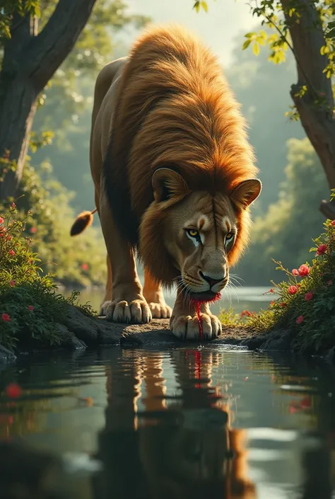 I want the image of a lion drinking water and its reflection is very visible in the water besides having blood in its mouth from a recent fight.

