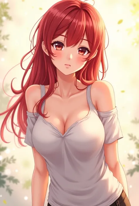 Beautiful anime girl with a full body with loose red hair and a little noticeable cleavage 