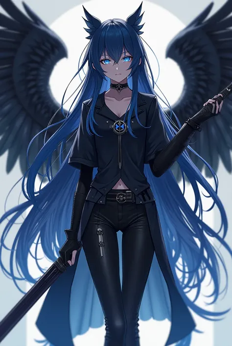 ( maximum quality,  best angle quality,  official art ,  whole body, beautiful and aesthetic:1.2)  anime girl , Crow wings on the back,  blue eyes, long blue and black hair , Armadura preta, black shirt,  black pants,  holding sword.
