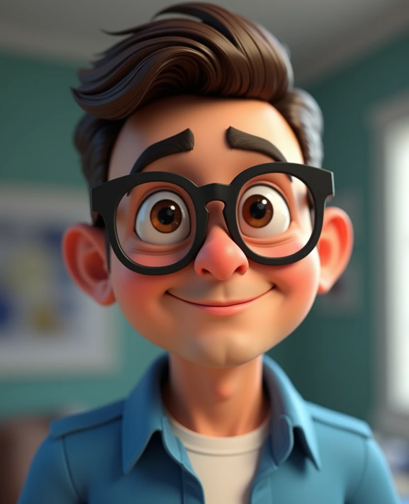  Cartoon character of a man with black glasses and a blue shirt,  animated character, stylized character,  animation style rendering , 3D stylized,  Rendered by Arnold Maya, Stylized 3D render, toon render keyshot,  3D character,  3D character,  stylized 3...