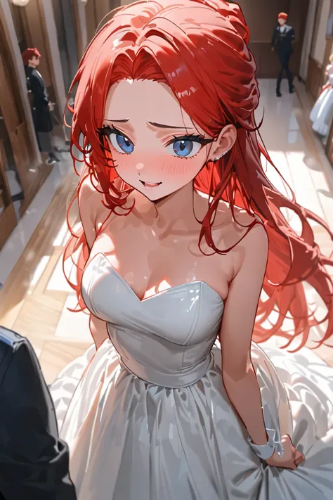  best quality,  super high resolution, 1 woman, ( cute:1.4),  blue eyes, black eyes, Red hair,  can see the forehead, Long hair, Gentle Snow , 20 years old,  happy expression , Wedding Hall, bitch,  cute눈, One side of the hair falls behind the ear,  FULL B...