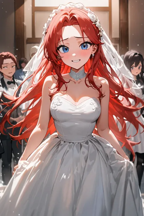  best quality,  super high resolution, 1 woman, ( cute:1.4),  blue eyes, black eyes, Red hair,  can see the forehead, Long hair, Gentle Snow , 20 years old,  happy expression , Wedding Hall, bitch,  cute눈, One side of the hair falls behind the ear,  FULL B...