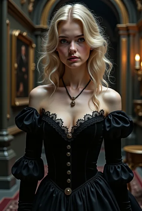 woman,Young, light blonde, a Victorian princess, delicate,  medium breasts,  wavy hair,  in a dark environment, in a castle full of art, Bust up looking at the spectator Dracula's fiancée