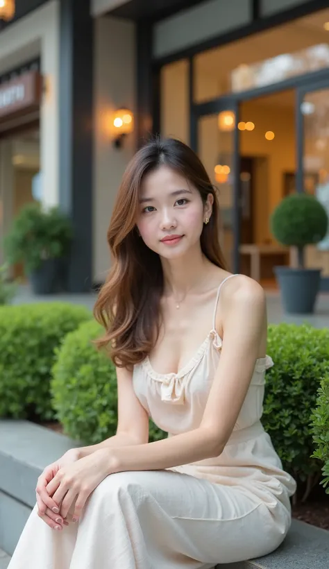 Wide angle photograph of a young woman from the North of Thailand, fair skin, slim figure, youthful face, good complexion, beautiful face, brown hair, beautiful light pinkish white skin, loose spaghetti strap top, light fabric, patterned fabric, light fabr...