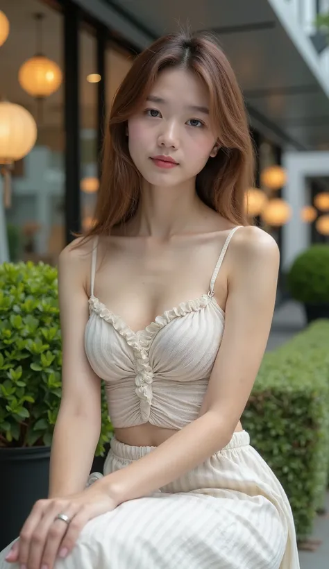 Wide angle photograph of a young woman from the North of Thailand, fair skin, slim figure, youthful face, good complexion, beautiful face, brown hair, beautiful light pinkish white skin, loose spaghetti strap top, light fabric, patterned fabric, light fabr...