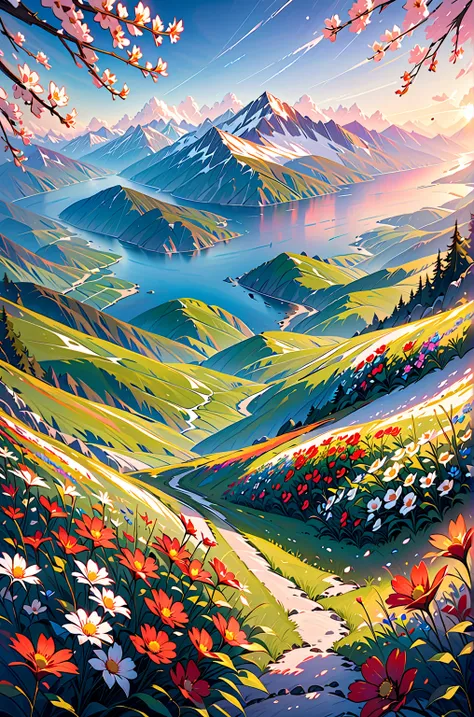 Animated, exquisitely detailed, colors bright and deep, pastel, dramatic, bright and colorful background. A breathtaking morning. Looking out over a tranquil flower field. Vibrant wildflowers bloom in the foreground and snow-capped mountains can be seen in...