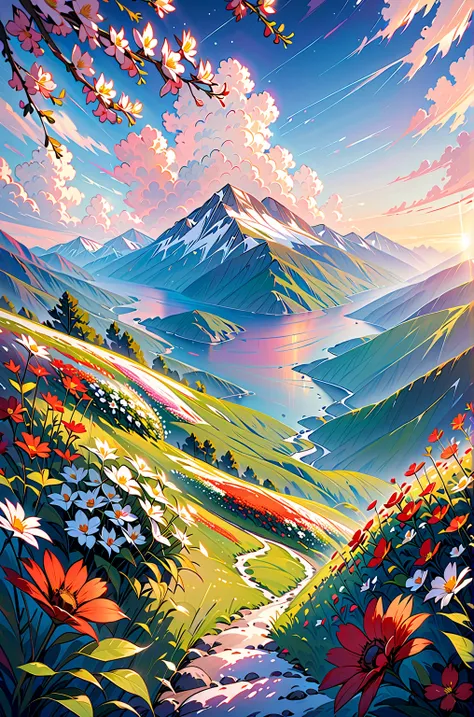 Animated, exquisitely detailed, colors bright and deep, pastel, dramatic, bright and colorful background. A breathtaking morning. Looking out over a tranquil flower field. Vibrant wildflowers bloom in the foreground and snow-capped mountains can be seen in...