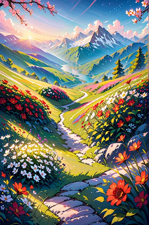 Animated, exquisitely detailed, colors bright and deep, pastel, dramatic, bright and colorful background. A breathtaking morning. Looking out over a tranquil flower field. Vibrant wildflowers bloom in the foreground and snow-capped mountains can be seen in...