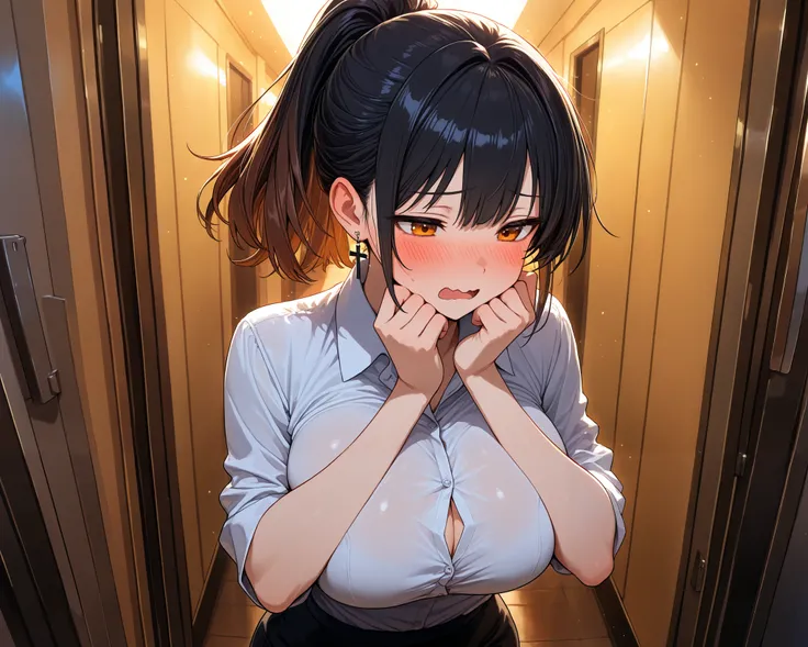 a surprised expression, embarrassed, hands on own chin, open mouth, wavy mouth, Be impatient, very cute face, cute girl, solo, short hair, ponytail hair, ((Black hair with brown ends)), half closed eyes, orange eyes, large breasts, taut collared shirt, cro...