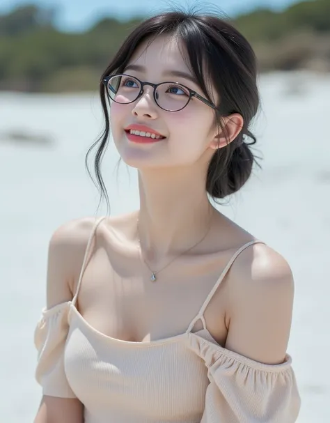 (Profile of a super cute Korean female college student wearing glasses looking up at the sky while dazzling:1.2)(Grinning,smile:1.2)( I'm happy:1.1)(16k,  RAW photos ,  top quality, masterpiece: 1.2),( cute bun hair with glossy black hair )  Super Detail, ...