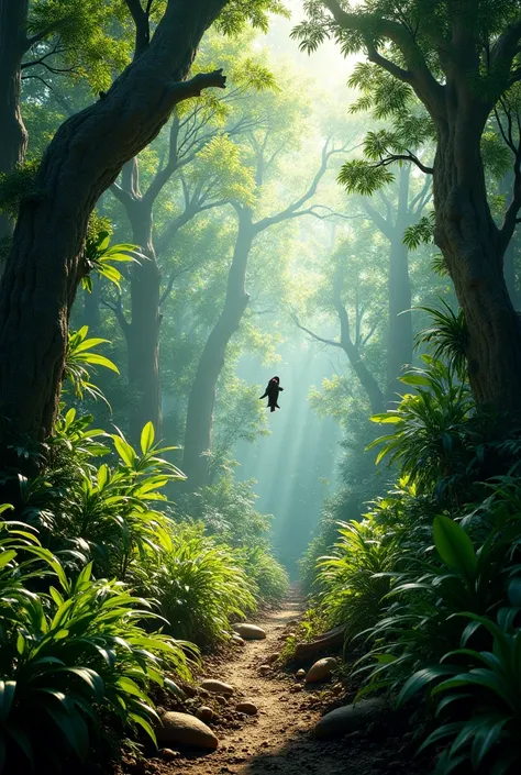 Closed forest of the Brazilian Amazon rainforest with native trees and plants, Without any path. A wise little bird flying. Extremely realistic image in every detail 