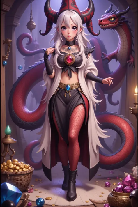 9subject 1: A gorgeous enchantress (cute, age 20, sexy small jester outfit, arcane tattoos, matching gloves, matching boots, platinum hair), has reached a fantasy treasure room with piles of gems and gold, she freezes in terror as she see the ruby dragon l...