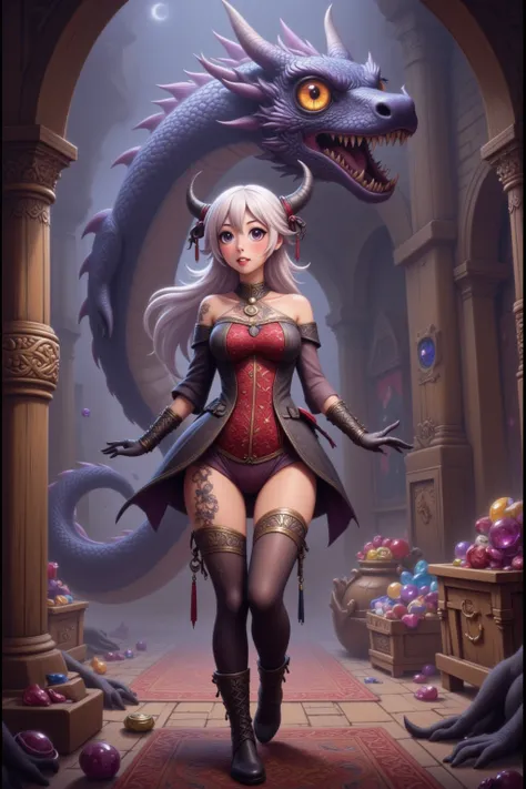 9subject 1: A gorgeous enchantress (cute, age 20, sexy small jester outfit, arcane tattoos, matching gloves, matching boots, platinum hair), has reached a fantasy treasure room with piles of gems and gold, she freezes in terror as she see the ruby dragon l...