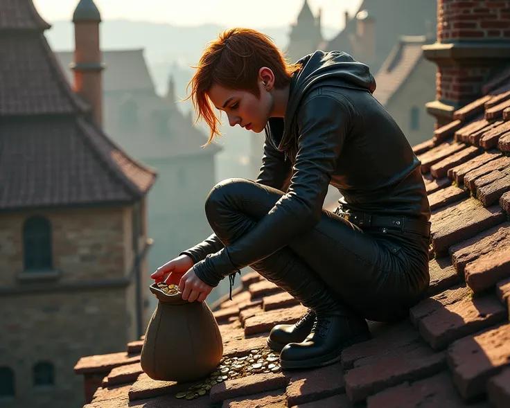  I want an image of a half-elf of a.70 tall RPG D &D on the roof of a house, Counting someone else's coins in a bag 