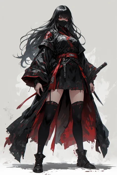  white-skinned ninja girl ,  long black hair with fringe , She wears a mask , dark clothes with red parts oriental style with tail cover, full body, chica alta, Oriental ninja assassin , bobbysocks