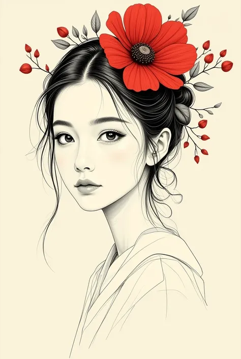 baimiao_solo, ink line drawing,

a woman with a red flower on her head,








