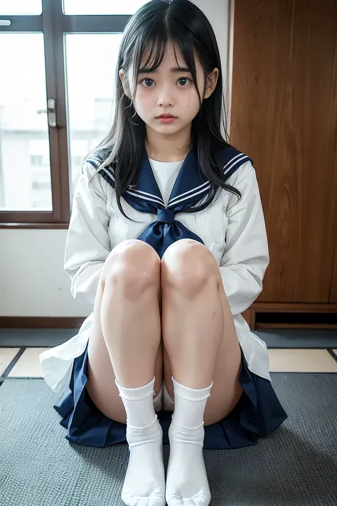 I was taken in from an orphanage when I was  、  beautiful Japanese girl、Sailor school uniform、 miniskirt、 white panties、white socks、knees、I'm scared to see my foster father's penis、(( is frightened:1.2))、((((Teary-eyed))))、