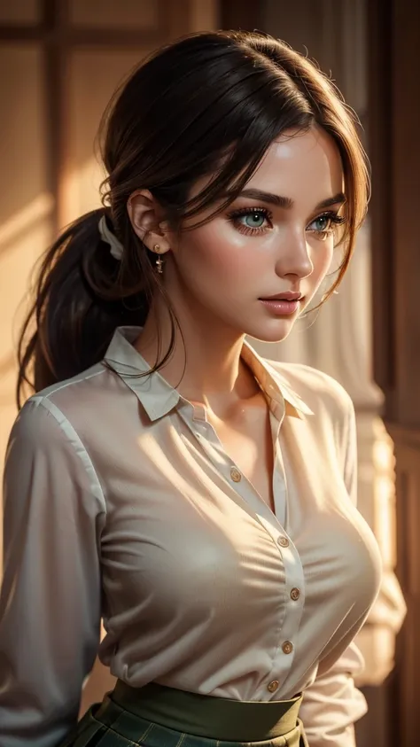 Teacher Grace Harrington, 29 years old, Elegant and well-groomed, Grace has long brown hair often tied in a ponytail, piercing green eyes, and a natural allure that attracts attention. ((((Teacher outfits))), ((((skirt)))), (((blouse)))), ((((full body))))...