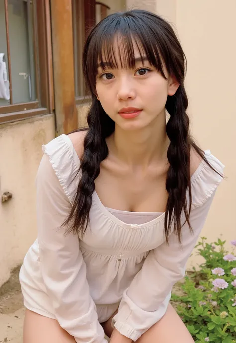 (4K, masterpiece,   high quality,  Details), ((I only wear a white camisole with no shoulder straps and white panties with a small area,  slender:1.5,  sexy collarbone, My chest is wide open ,  flat chest,  short,  Clothes Are Wet , Position of putting on ...