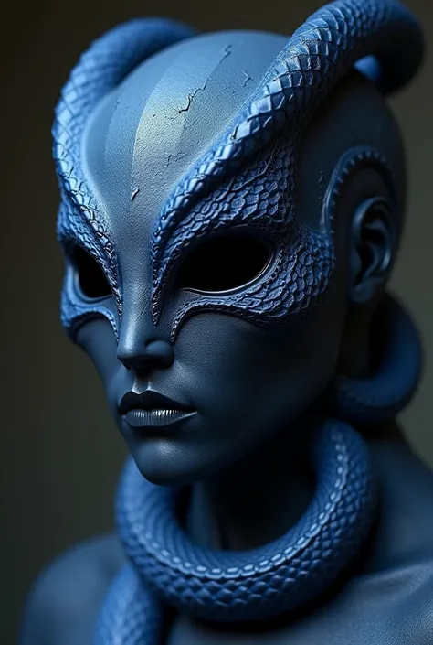  Make a mask exactly like these :  A highly detailed mask with a snake motif ,  now in a deep blue shade .  The mask has a smooth and elegant surface with reptilian textures and a sculpted snake surrounding the lower part of the face.  The upper part featu...