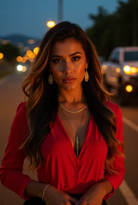  beautiful Mexican woman , 35 years, king,  black hair with blond rays ,  gold chain , gold earrings,  Big breasts,  red blouse,  selfie with a 4x4 pickup from 2024, full extras , dusk,  on a country street ,  city lights in the background 