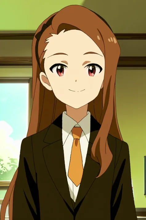 score_9, score_8_up, score_7_up, source_anime,anime screencap,anime coloring, official style, inside an office
 Iori Minase, brown hair, brown eyes, long hair, black jacket, orange tie, white shirt, long sleeves, black hairband, smile, sans SMP season 4 cl...