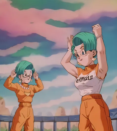 Bulma briefs,  women over 40 years old , Short blue hair  , glasses, white sleeveless shirt with large breasts low cut,  arms up armpits ,  orange pants  ,  arms up armpits High resolution,  masterpiece,  lyrics, 